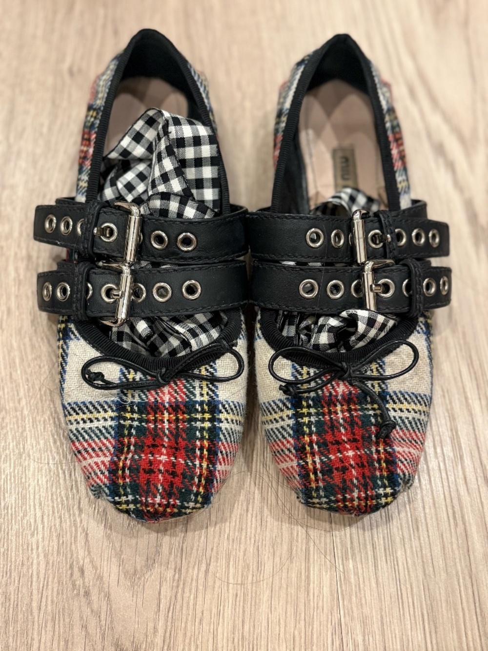 Miu Miu Tartan Tie Up Ballerina Flats